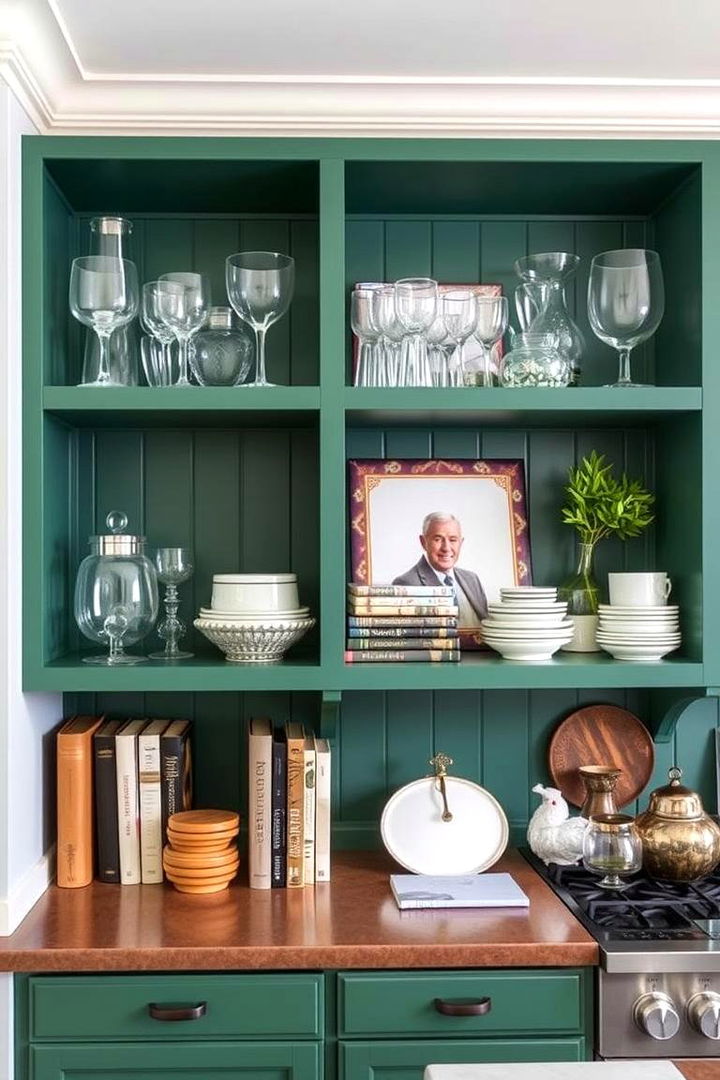 Emerald Green Open Shelving - 22 Emerald Green Kitchen Ideas