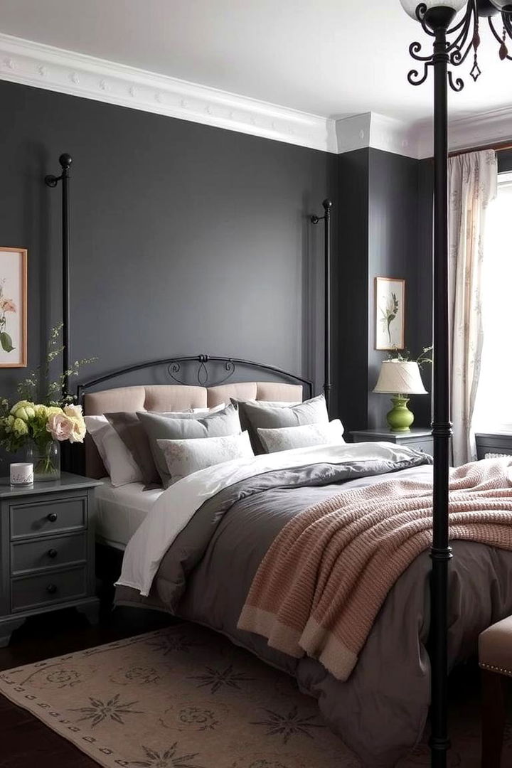 Enchanting Floral Accents - 22 Dark Grey Bedroom Ideas