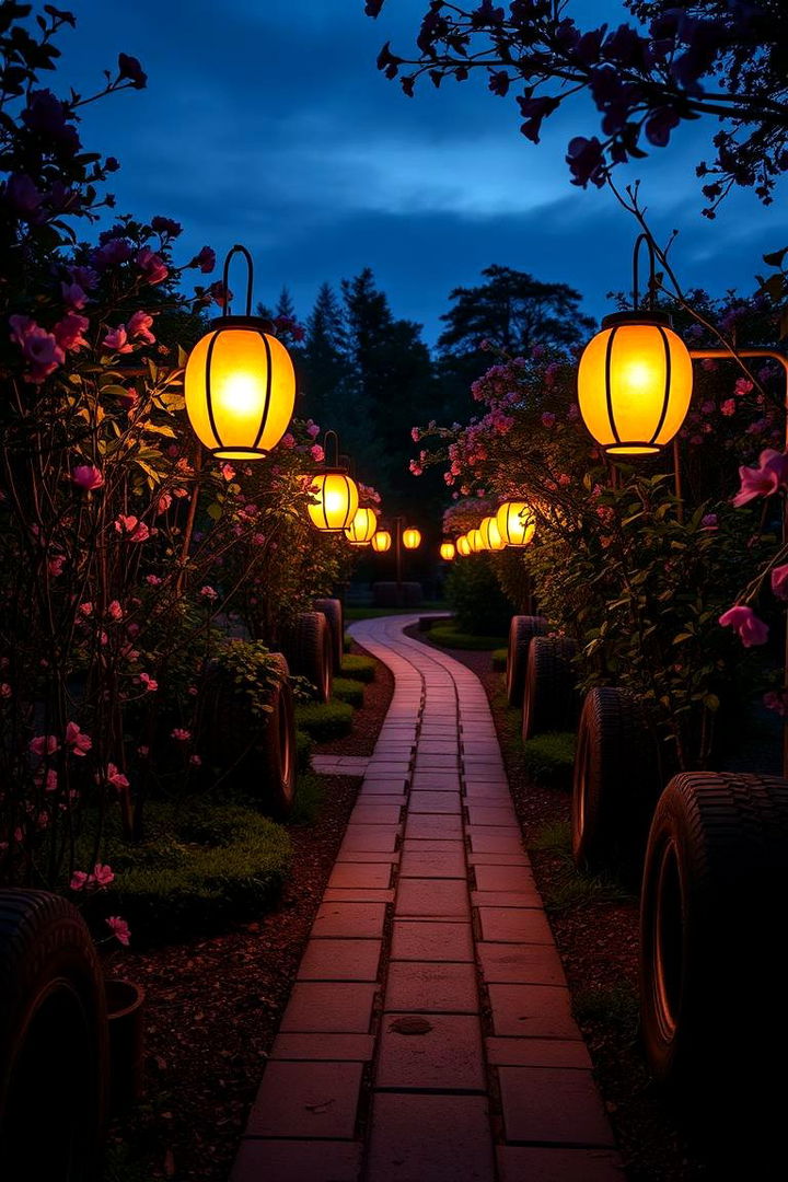 Enchanting Tyre Lantern Pathways - 22 Recycled Tyre Garden Art Ideas