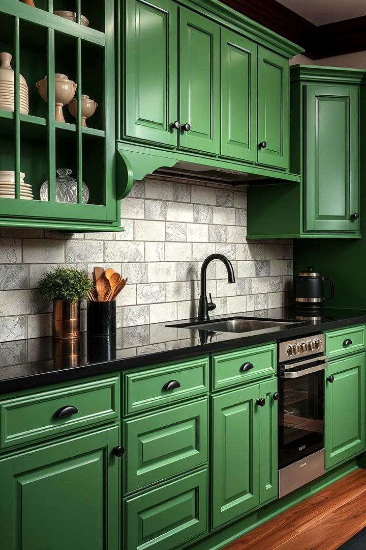 Enduring Durability - 22 Green Kitchen Cabinets With Black Countertops