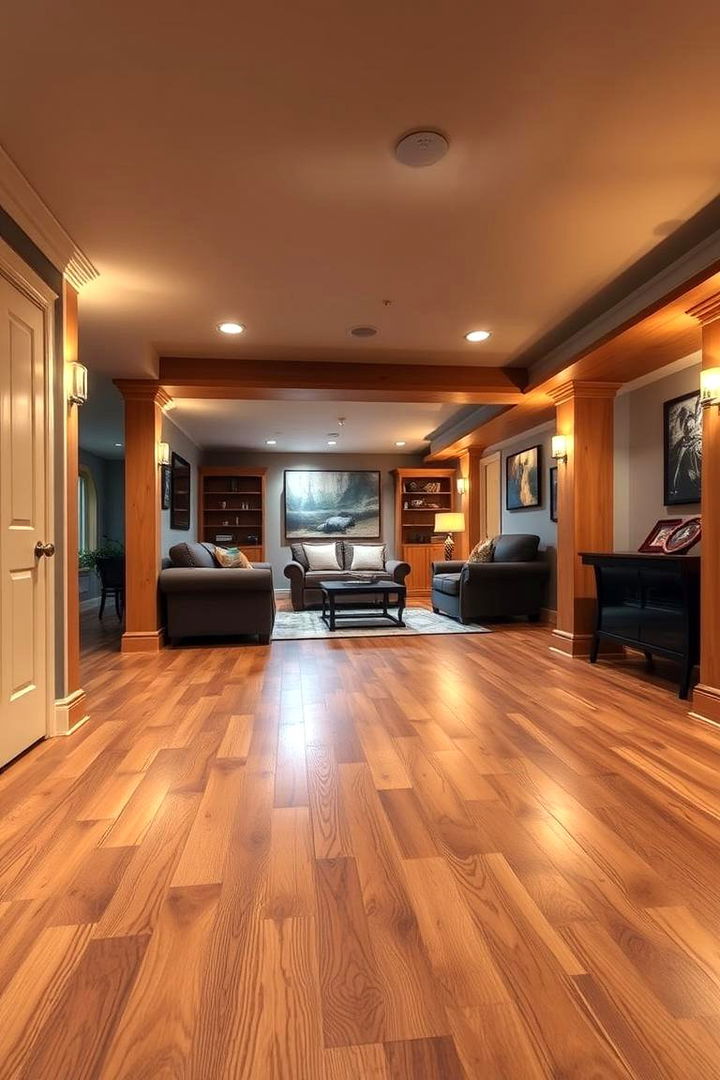 Engineered Wood Warmth - 22 Basement Floor Ideas