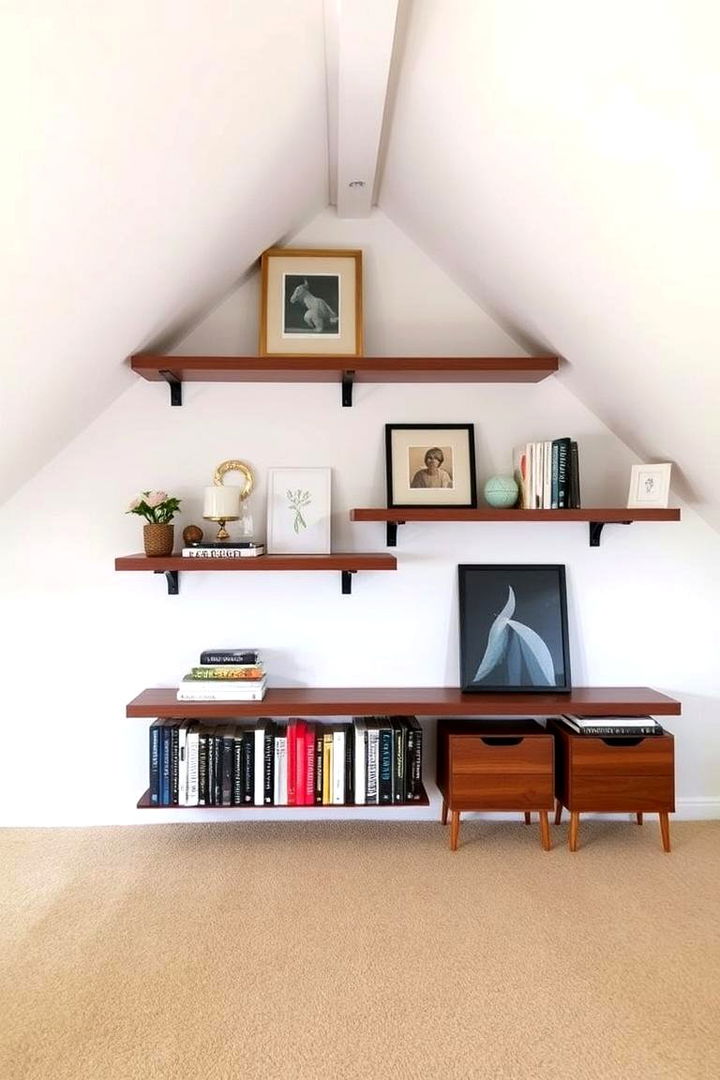 Enhance with Wall mounted Shelves - 22 Low Ceiling Small Attic Room Ideas
