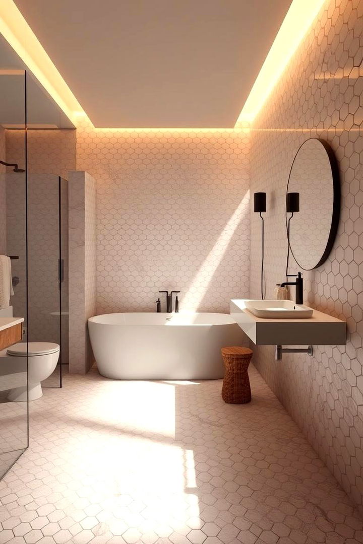 Enhanced Lighting Effects - 22 Bathrooms With Hexagon Tile Floors