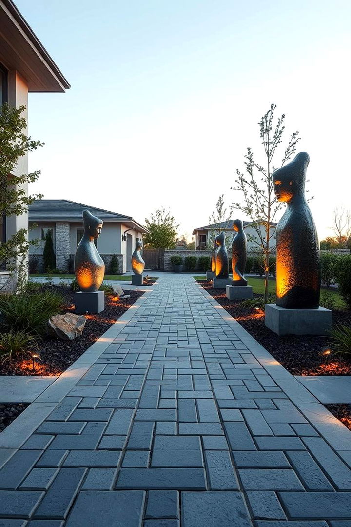 Enhanced with Sculptural Elements - 22 Grey Paver Walkway Ideas