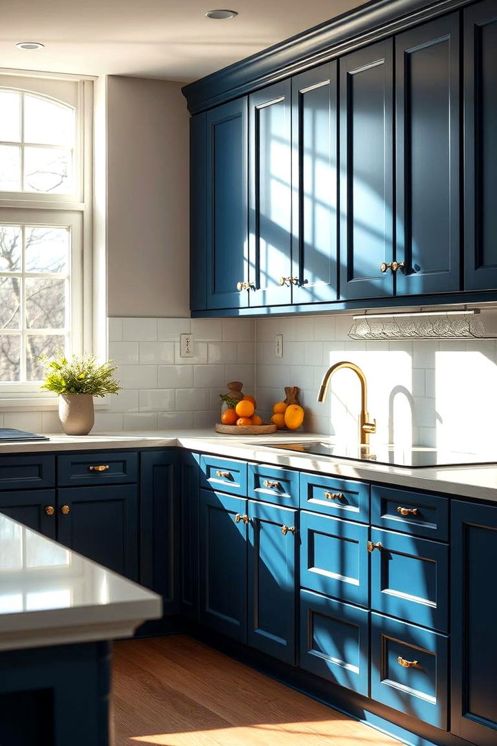 Enhancing Kitchen Lighting - 22 blue kitchen cabinets with gold hardware