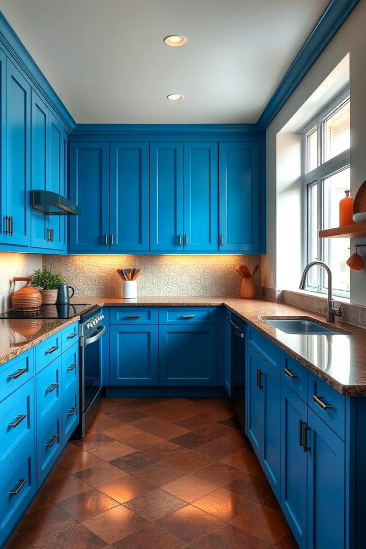 Enhancing Natural Light with Color Contrast - 22 blue kitchen cabinets with brown granite countertops