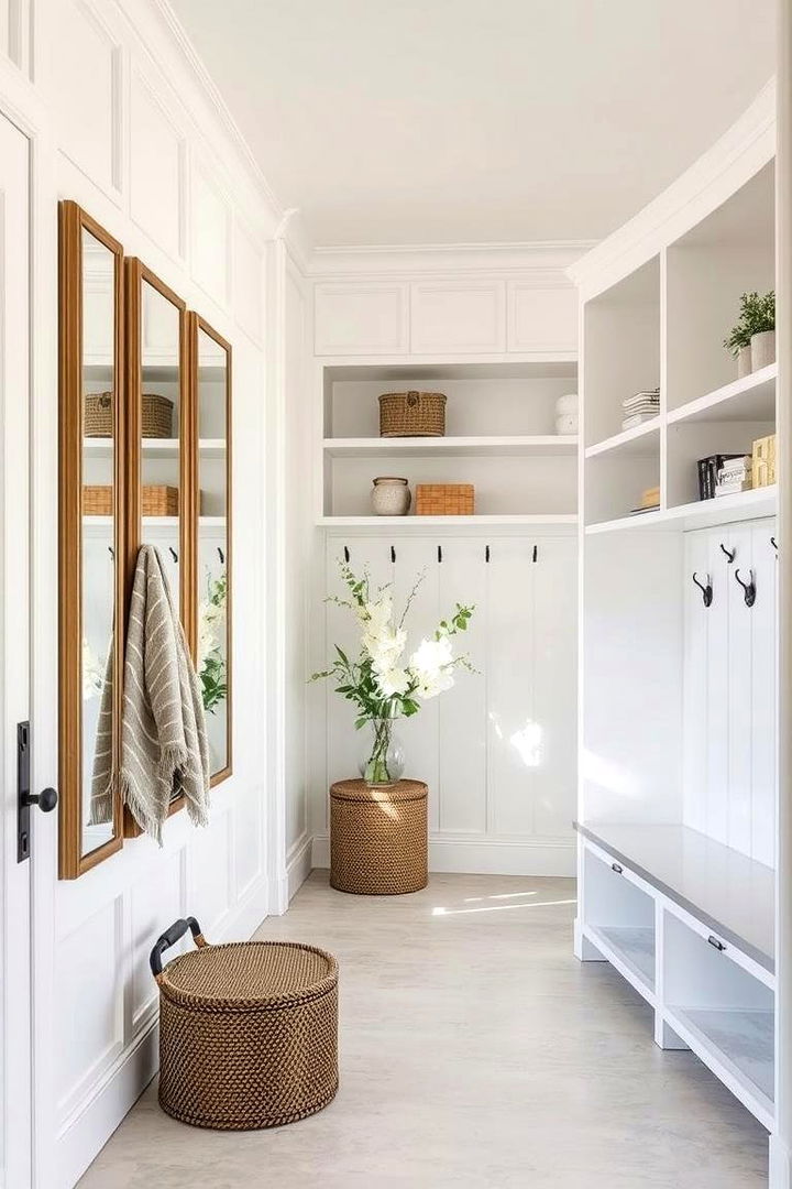 Enhancing with Mirrors and Open Shelves - 22 Mudroom Laundry Room Ideas