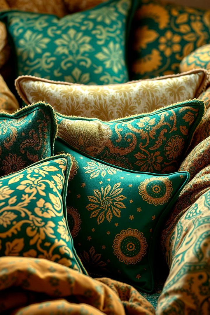 Exotic Patterned Pillows and Throws - 22 Emerald Green and Gold Living Room Ideas