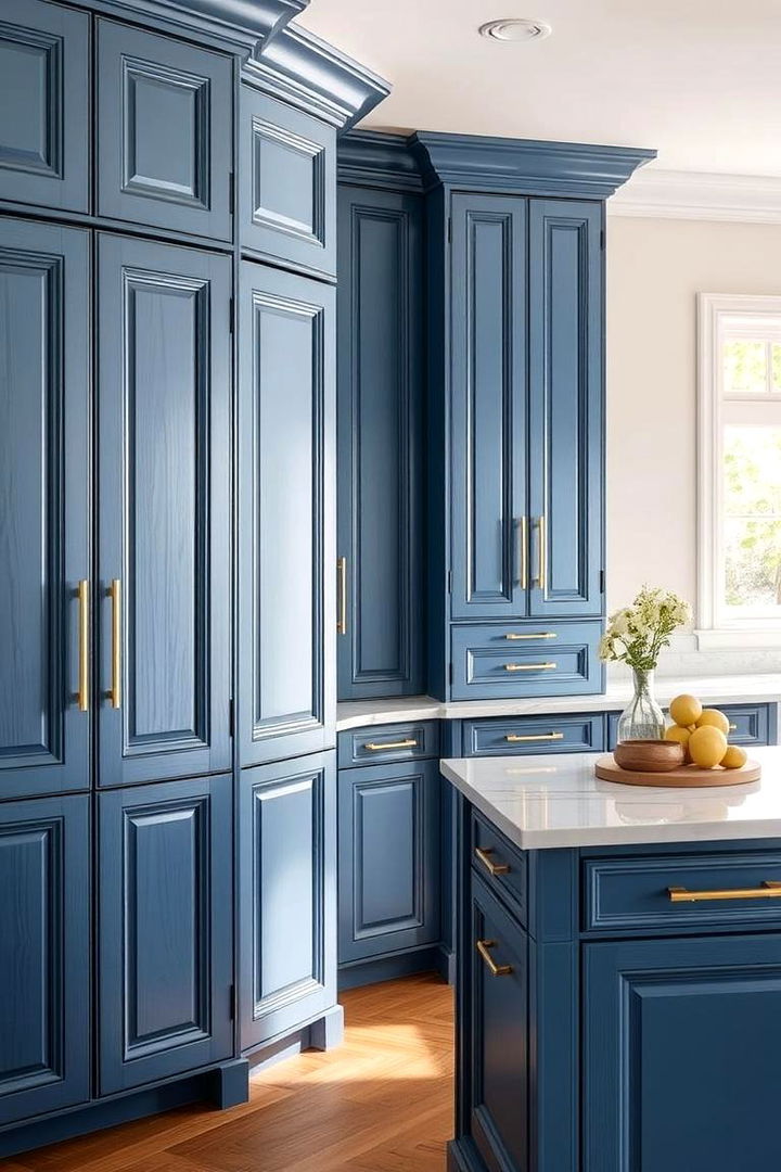 Exquisite Detailing in Finishes - 22 blue kitchen cabinets with gold hardware