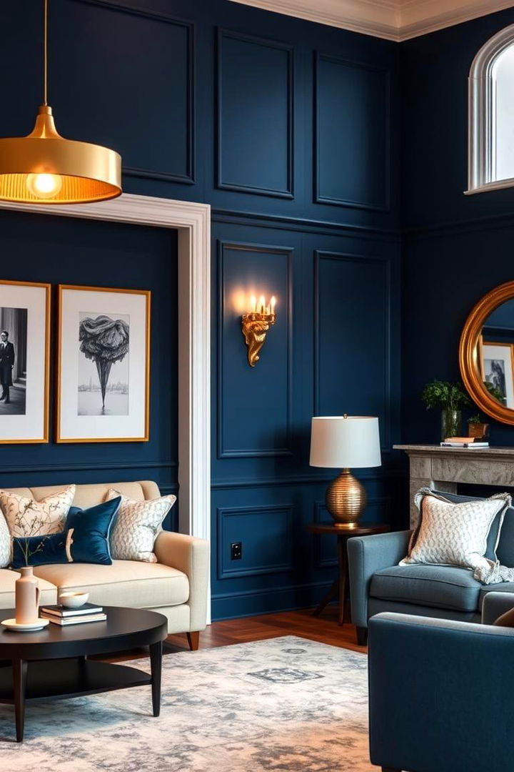 Exquisite Layered Lighting - 22 Blue and Gold Living Room Ideas