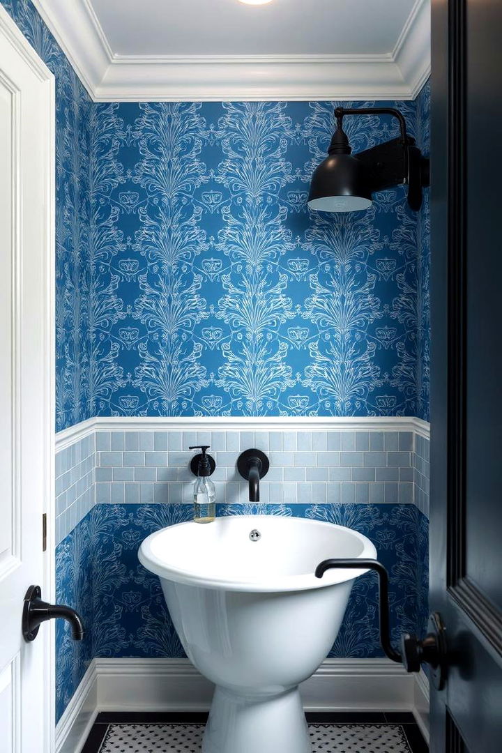 Exquisite Wallpaper Accents and Bold Fixtures - 22 black and blue bathroom ideas