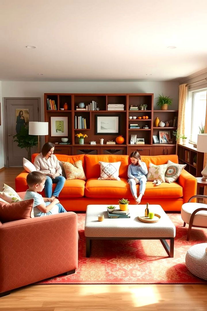 Family Friendly Comfort - 22 Orange Couch Living Room Ideas