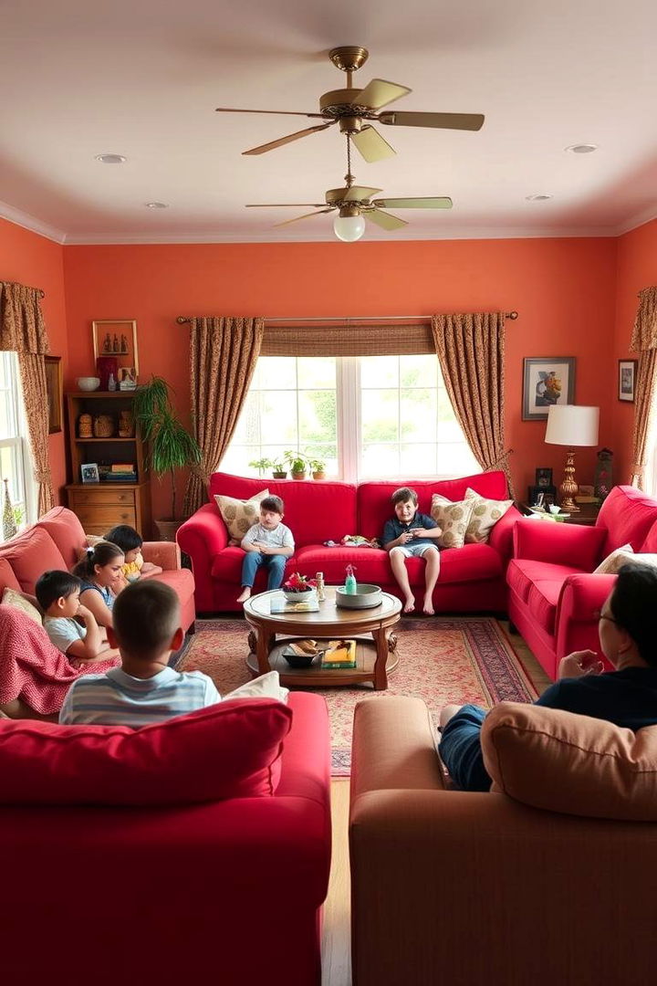 Family Friendly Design with Bright Energy - 22 Red Couch Living Room Ideas