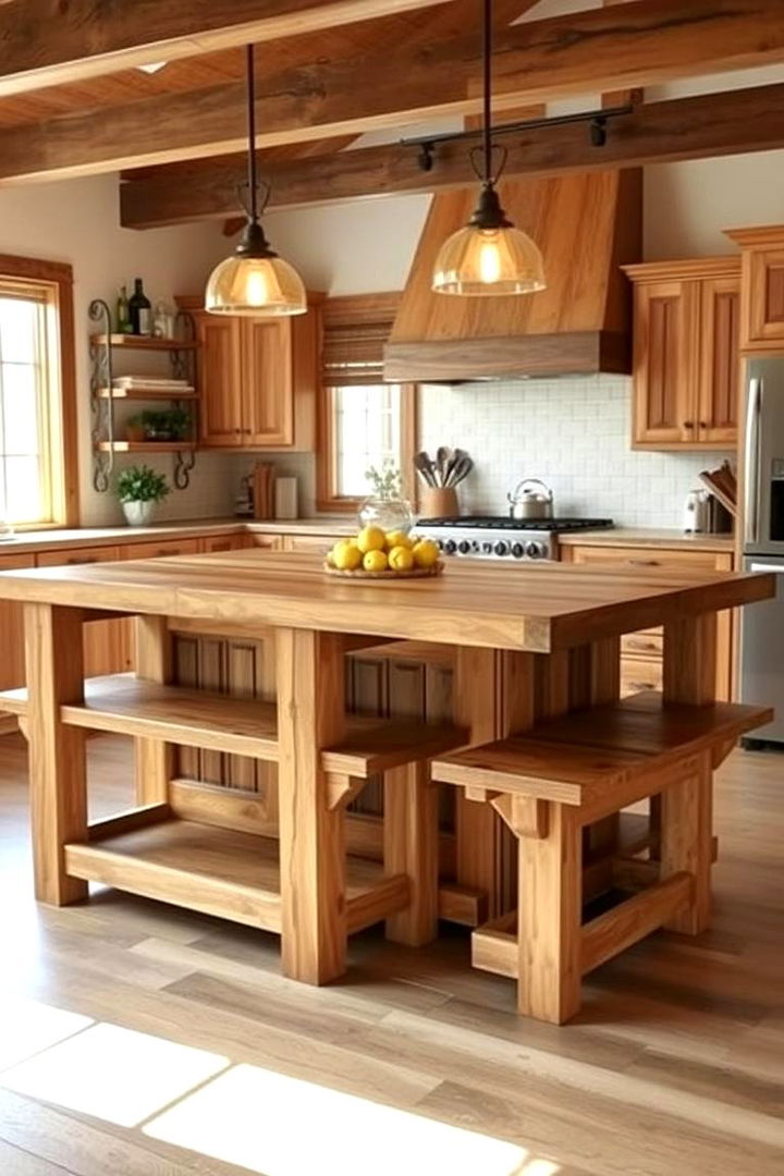 Farmhouse Island with Reclaimed Wood and Cozy Bench Seating - 22 Kitchen Island Ideas With Seating