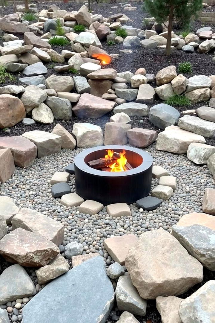 Fire Pit with Surrounding Rock Garden - 22 Rock Fire Pit Ideas