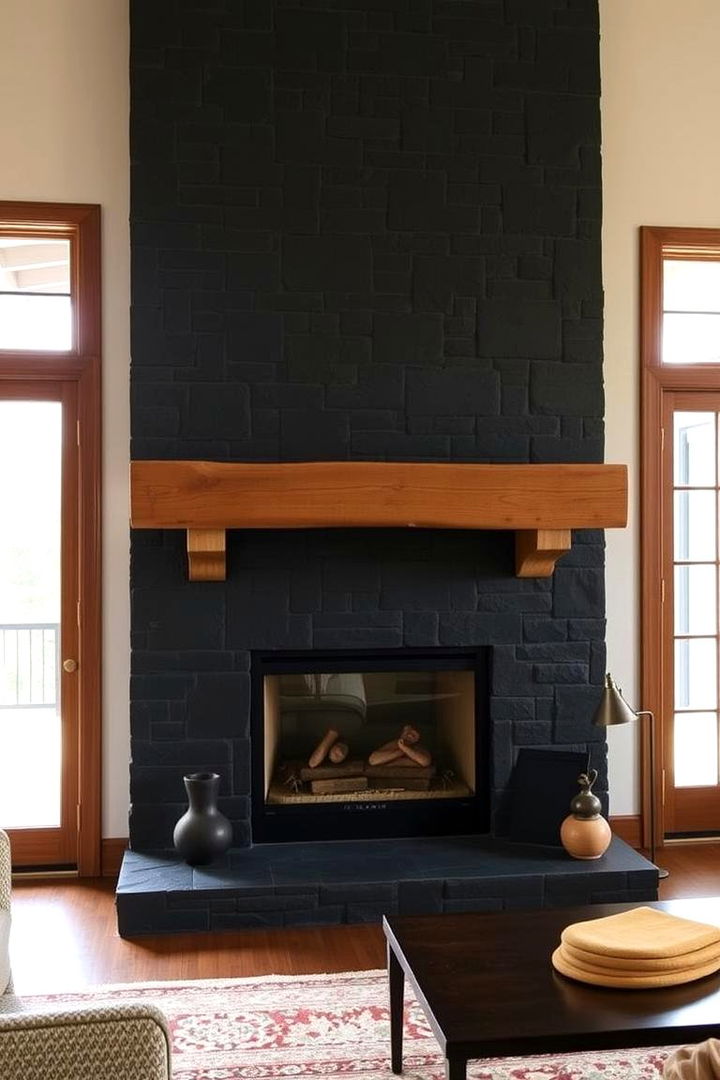 Fireplace with Integrated Wooden Mantel - 22 Black Stone Fireplace Ideas