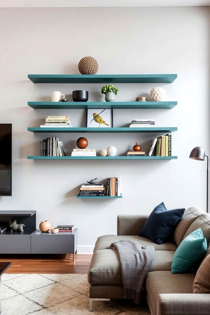 Floating Shelves for Functional Elegance - 22 Teal and Grey Bedroom Ideas