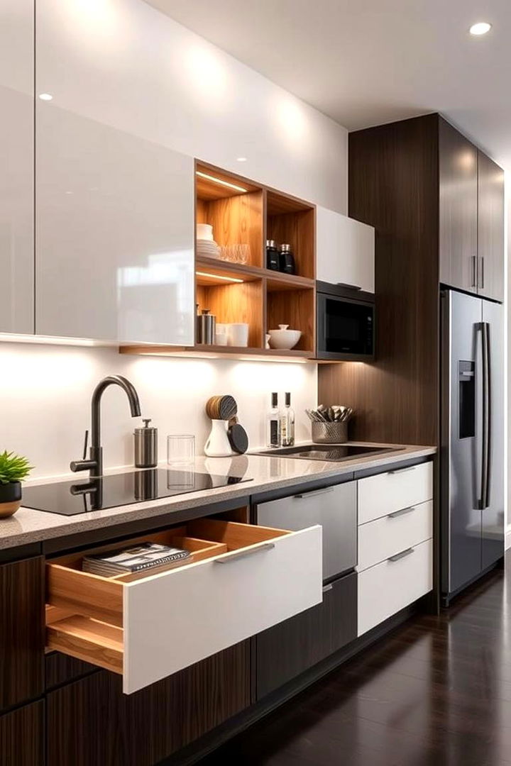 Floating Storage and Hidden Compartments - 22 Parallel Modular Kitchen Design Ideas