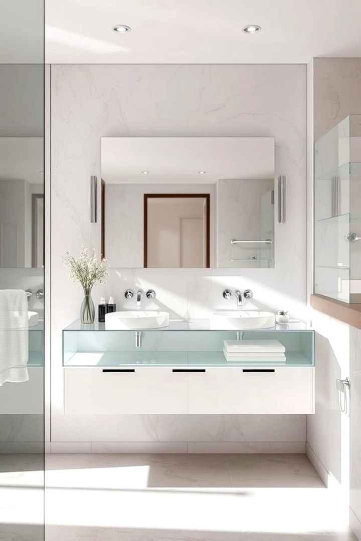 Floating Vanity with Glass Details - 22 Floating Vanity Bathroom Ideas