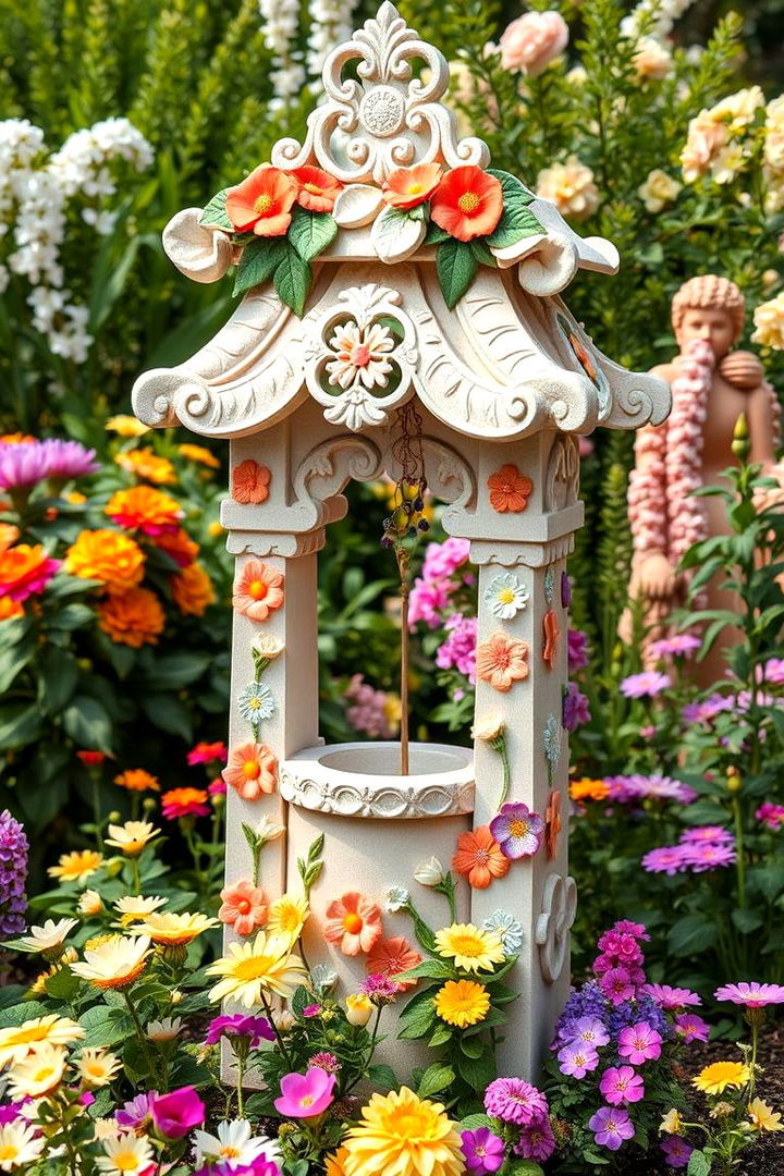 Floral Embellished Wishing Well - 22 Outdoor Wishing Well Garden Ideas