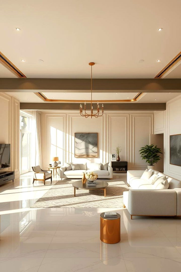 Flowing Layout Maximizing Space and Functionality - 22 Cream and Gold Living Room Ideas