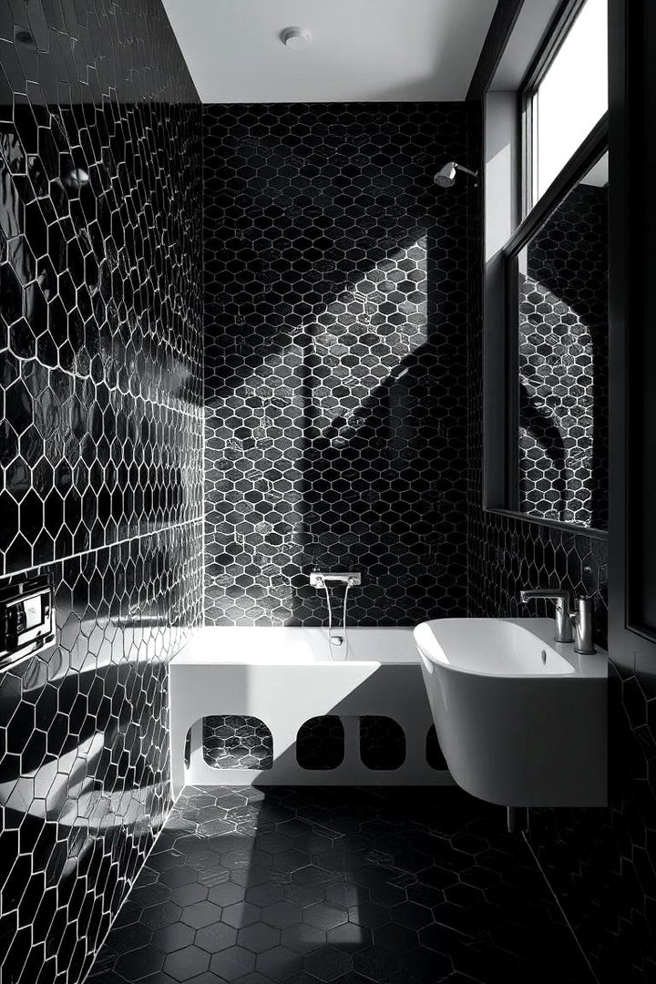 For Dramatic Geometric Patterns - 22 Black Bathroom Ideas