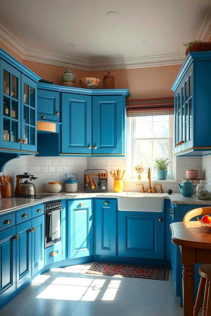 Fresh and Inviting Atmosphere - 22 blue kitchen cabinets with gold hardware