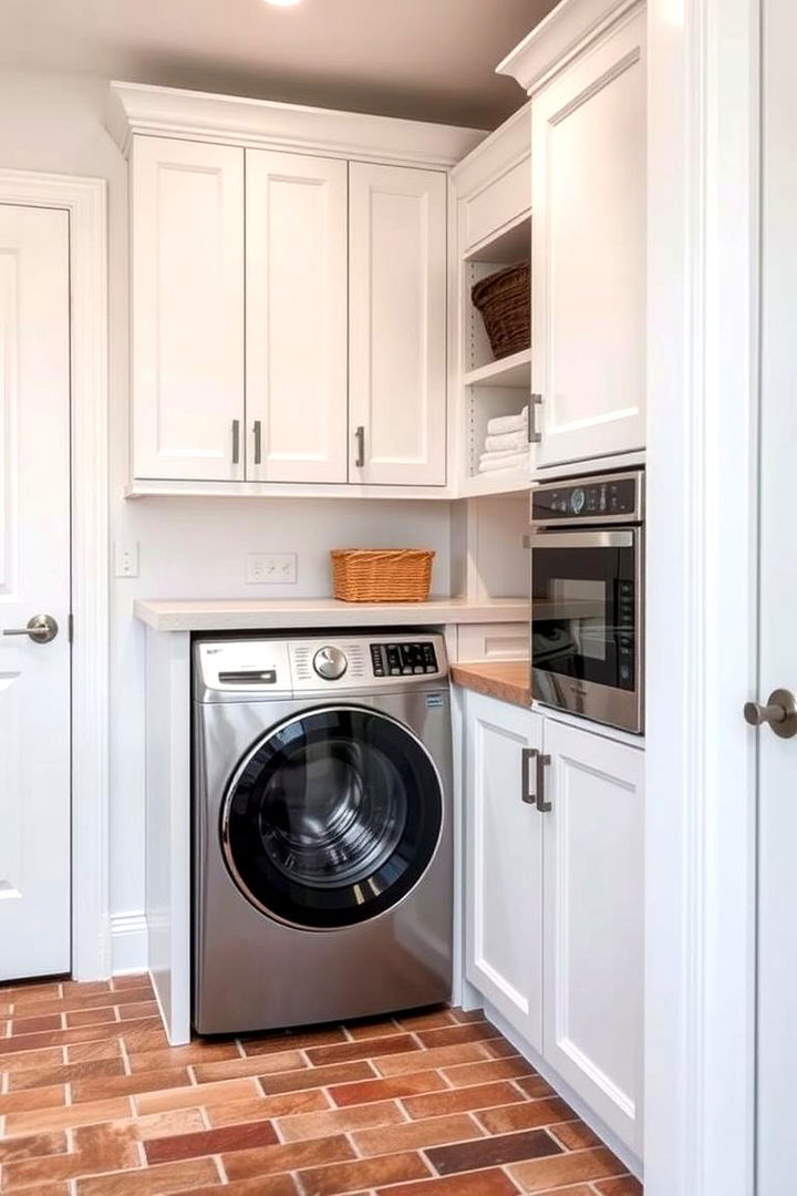 Functional Design with Built In Appliances and Minimal Clutter - 22 Brick Floor Laundry Room Ideas