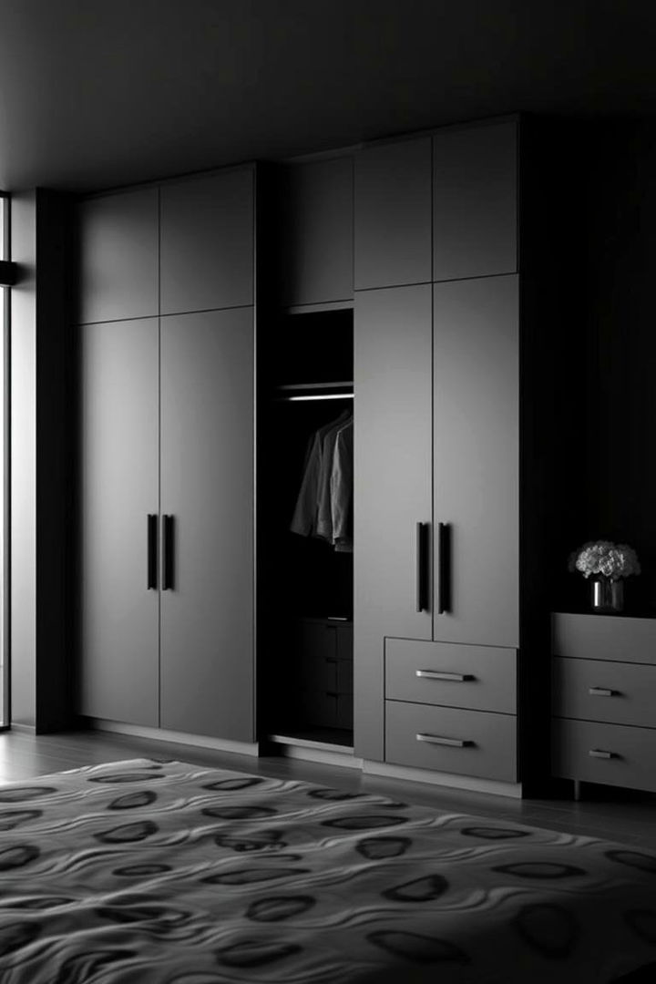 Functional Elegance in Storage Solutions - 22 Matte Black Bedroom Ideas