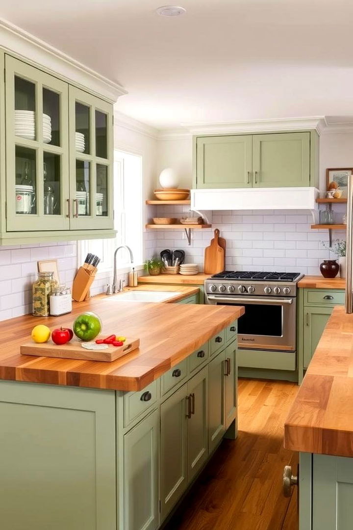 Functional Kitchen Zones - 22 Sage Green Kitchen Cabinets With Butcher Block Countertops