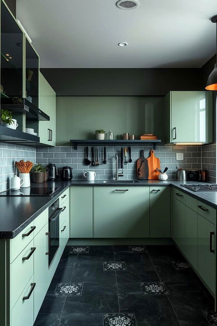 Functional Layouts with a Monochrome Twist - 22 Sage Green and Black Kitchen Ideas