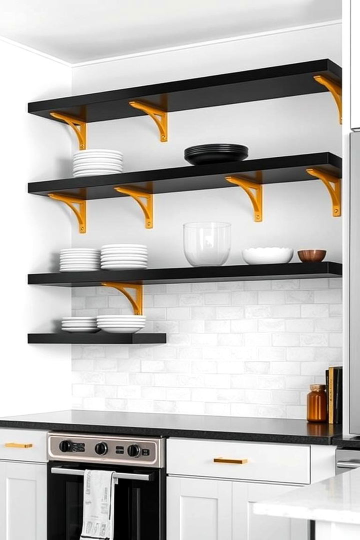 Functional Open Shelving - 22 black white and gold kitchen ideas