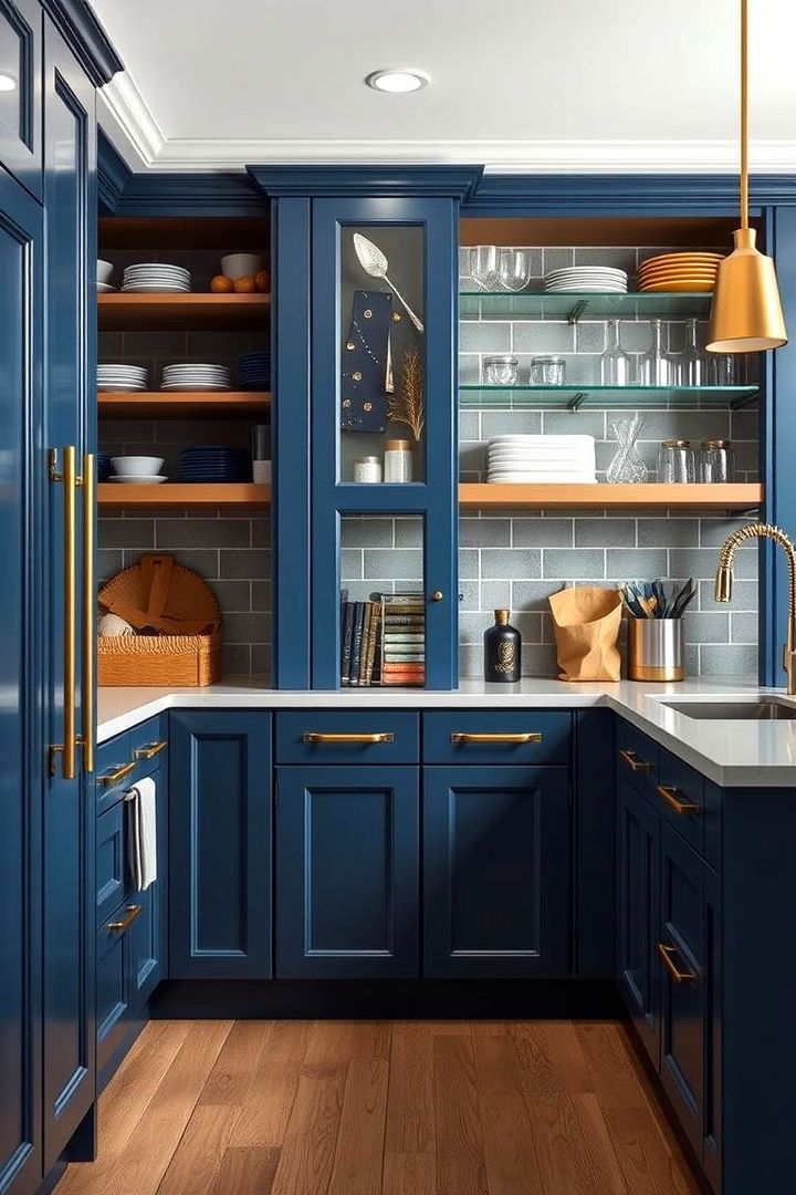 Functional and Stylish Storage - 22 blue kitchen cabinets with gold hardware