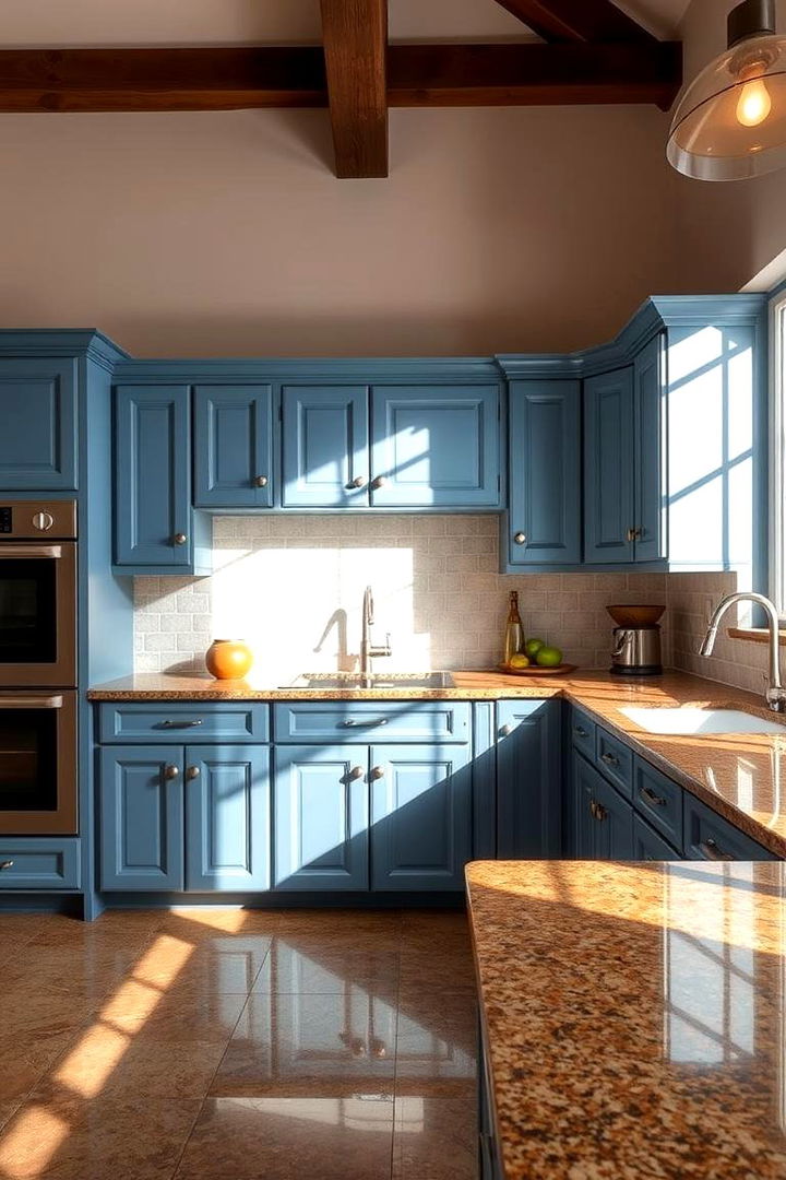 Functionality Meets Aesthetics in Every Detail - 22 blue kitchen cabinets with brown granite countertops
