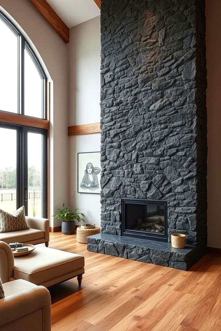 Fusion Design Modern Meets Rustic - 22 Black Stone Fireplace Ideas