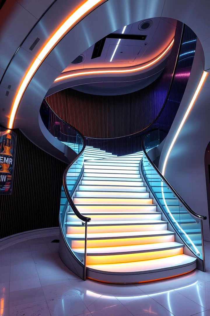 Futuristic Curved Staircase with Neon Accents - 22 Curved Staircase Ideas
