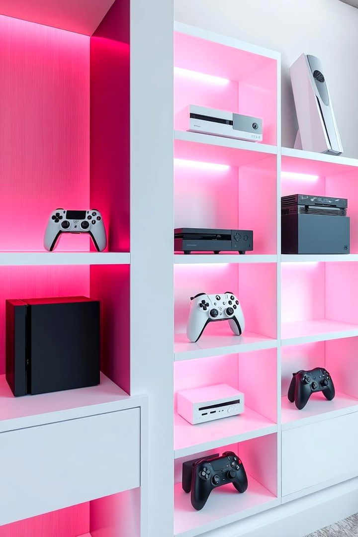 Gaming Console Shelf in Soft Pink - 22 Pink Gaming Setup Ideas