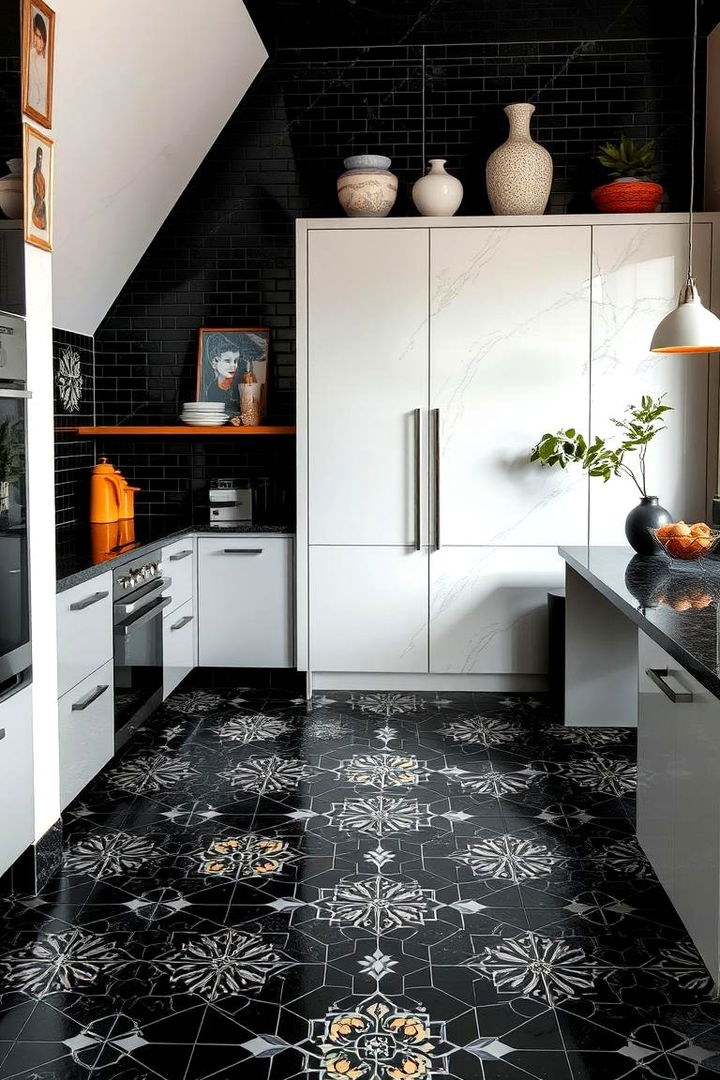 Geometric Black Mosaic Design - 22 Black Floor Kitchen Ideas