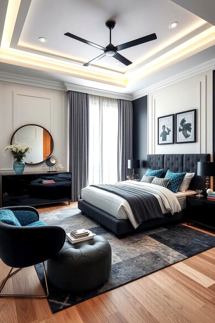 Geometric Detailing for Contemporary Edge - 22 Black and Blue Bedroom Ideas