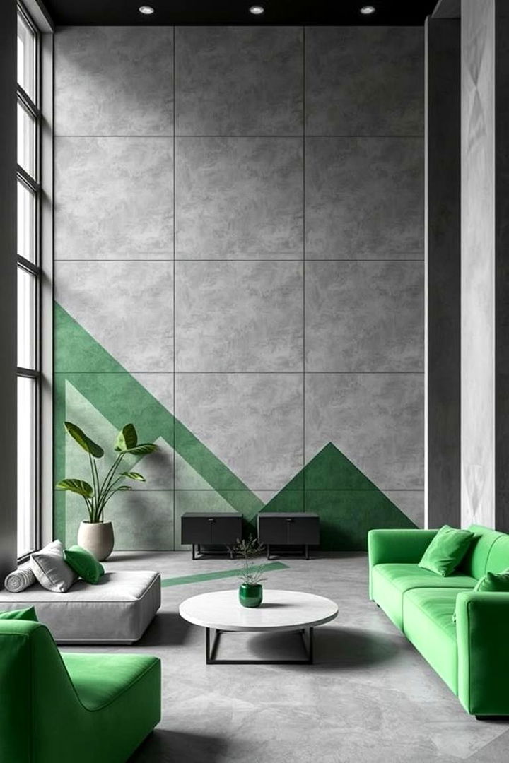 Geometric Inspiration Patterned Green Decor with a Grey Canvas - 22 Green and Grey Living Room Ideas