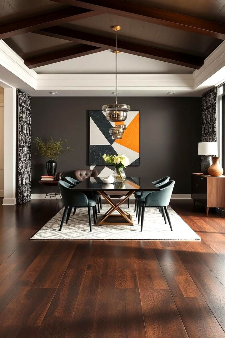 Geometric Pattern Accents - 22 dark wood floor dining room ideas