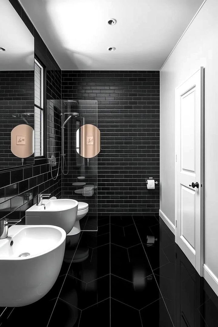 Geometric Pattern Drama - 22 Black Floor Bathroom Ideas