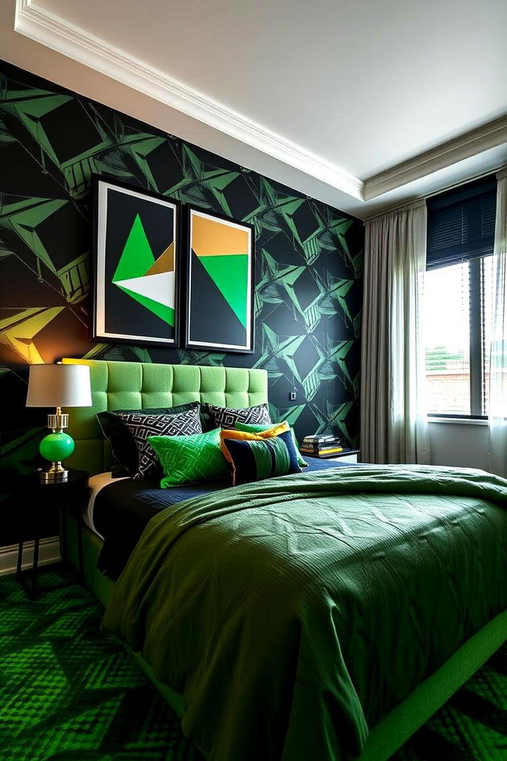 Geometric Pattern Drama - 22 Black and Green Bedroom Design Ideas