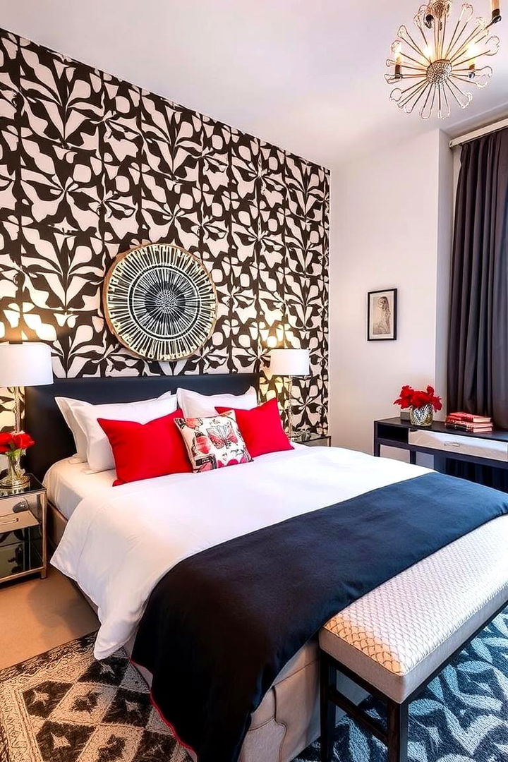 Geometric Patterned Decor - 22 red black and white bedroom ideas