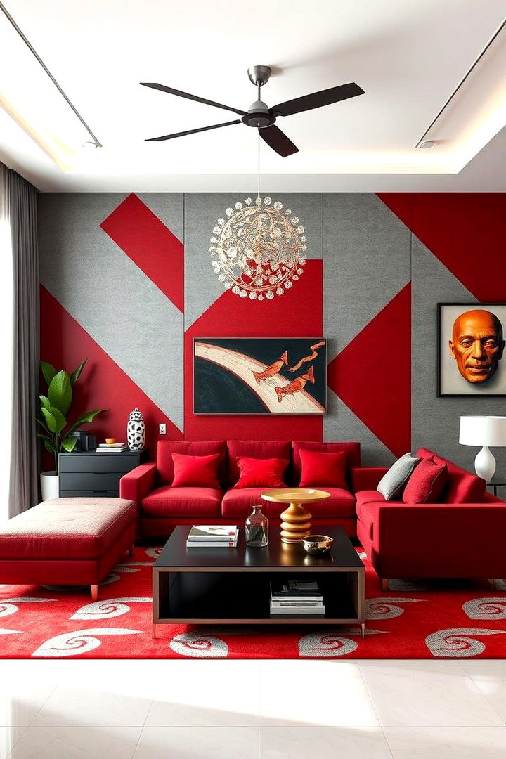 Geometric Patterns Combining Red and Grey - 22 Red and Grey Living Room Ideas