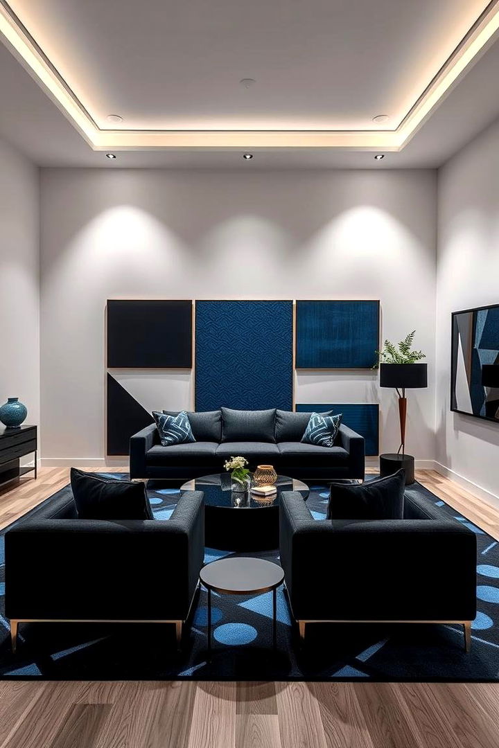 Geometric Patterns Fusion - 22 Black and Blue Living Room Ideas