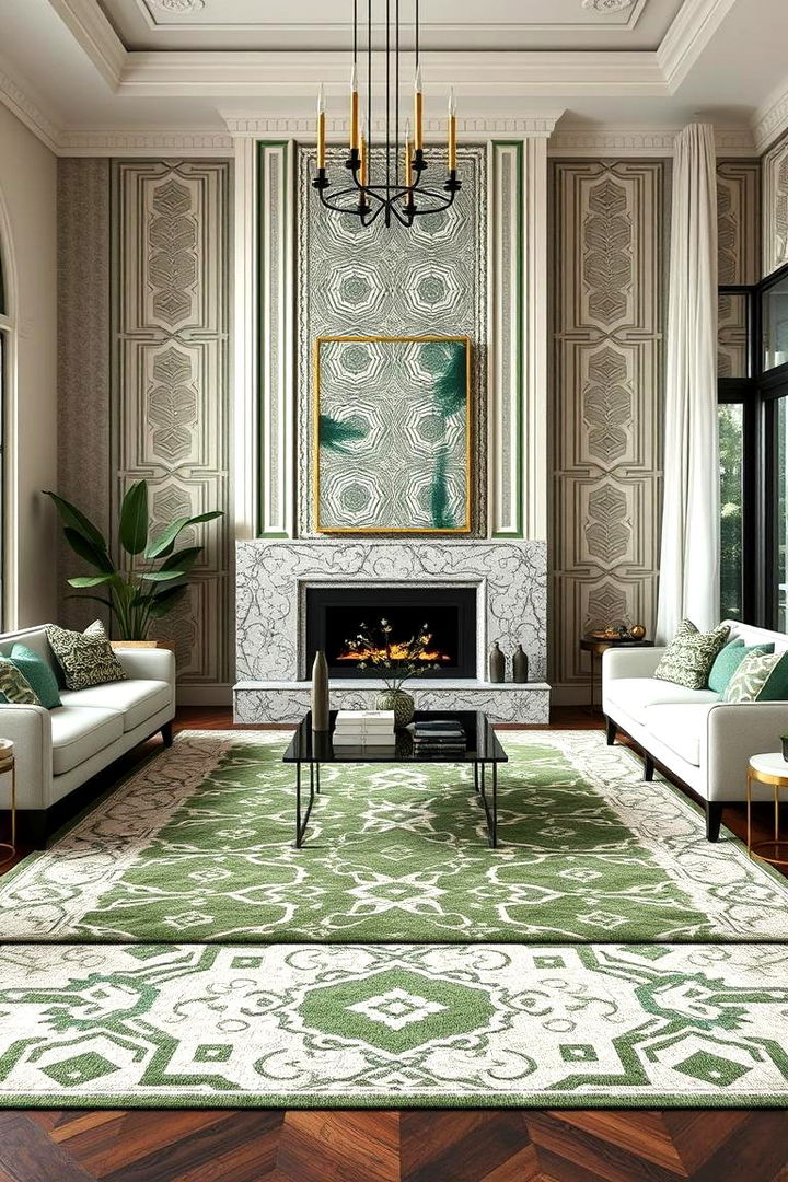 Geometric Patterns and Rugs - 22 Forest Green Living Room Ideas