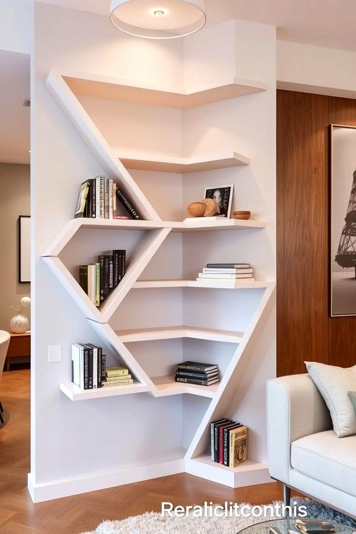 Geometric Shape Corner Shelf Arrangement - 22 Corner Shelf Ideas