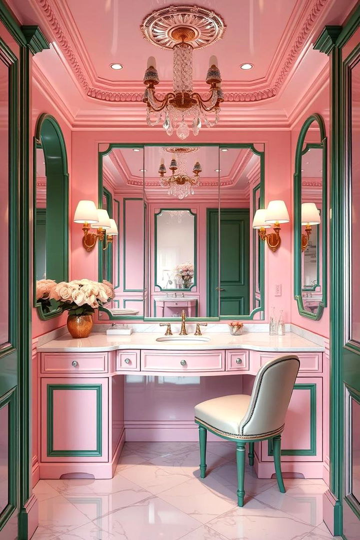 Glamorous Vanity with Pink and Green Detailing - 22 Pink and Green Bathroom Design Ideas