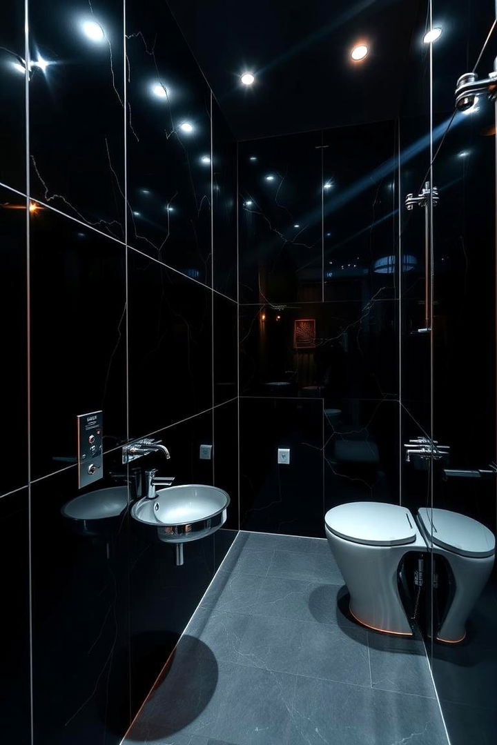 Glossy Black Accent with Metallic Details - 22 Black Accent Wall Ideas